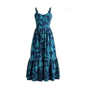 J.Crew Poplin‎ Corset Midi Dress Navy Teal Tropical Print Size 2 Petite NWT